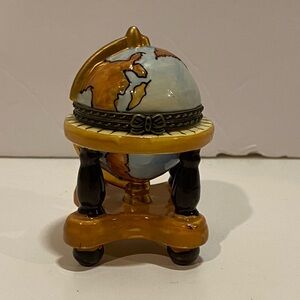 Vtg Hand Painted Enamel Metal Hinged World Map Globe Box, Trinket Box